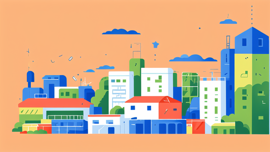 Colorful cityscape illustration with vibrant buildings; focus on composite decking