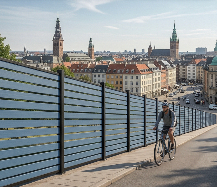 Blue grey full trellis WPC fence panels Nordic design Europe, open composite boundary fencing clean architectural lines