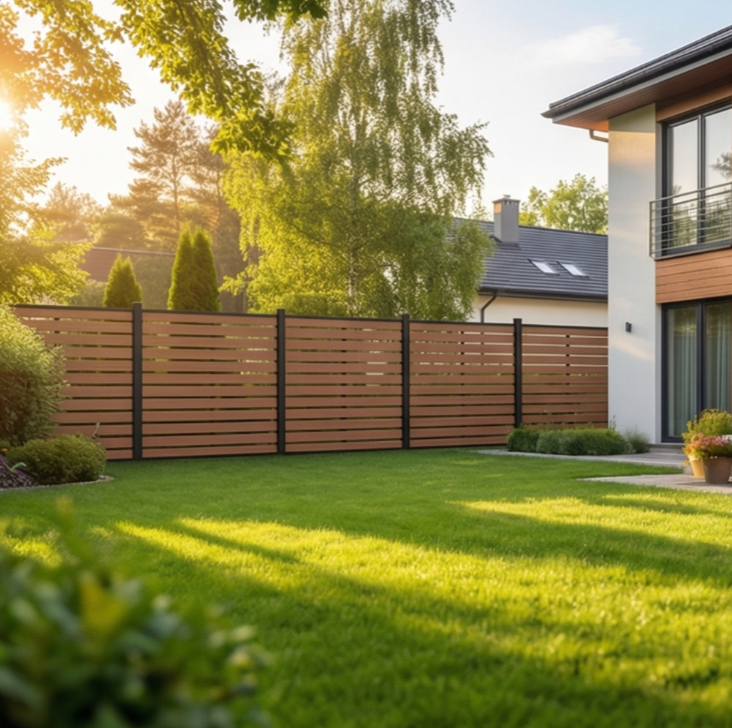 Walnut full trellis WPC fence panels craftsman aesthetic USA, open composite fencing wood grain co-extrusion residential