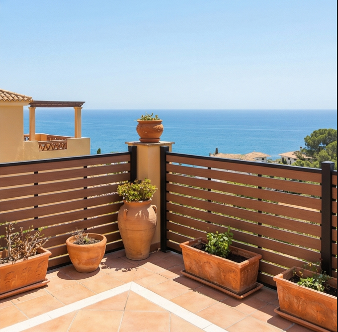 Walnut full trellis WPC fence wholesale USA distributor, co-extrusion composite panels factory direct China SGS certified container