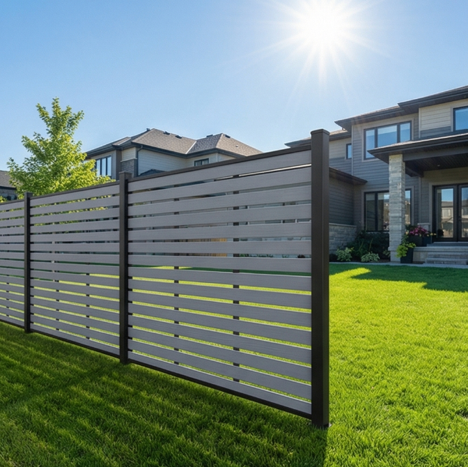 Light grey WPC open trellis fencing tropical Australia Queensland, co-extrusion composite fence UV stable high humidity resistant