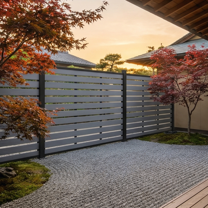 Light grey full trellis WPC fencing garden room divider Australia, open composite panels define outdoor zones without blocking light