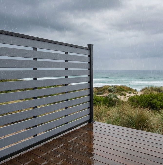 Black WPC full trellis fencing rooftop garden London, open composite fence panels wind resistant urban outdoor space
