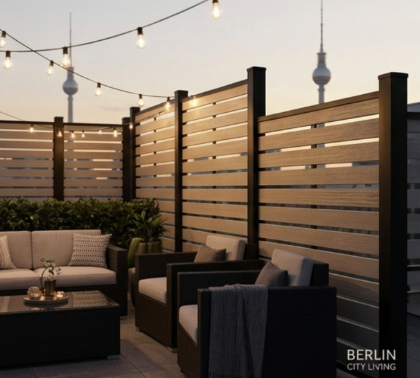 White open trellis WPC composite fencing minimalist  garden design, co-extrusion fence panels clean bright boundary