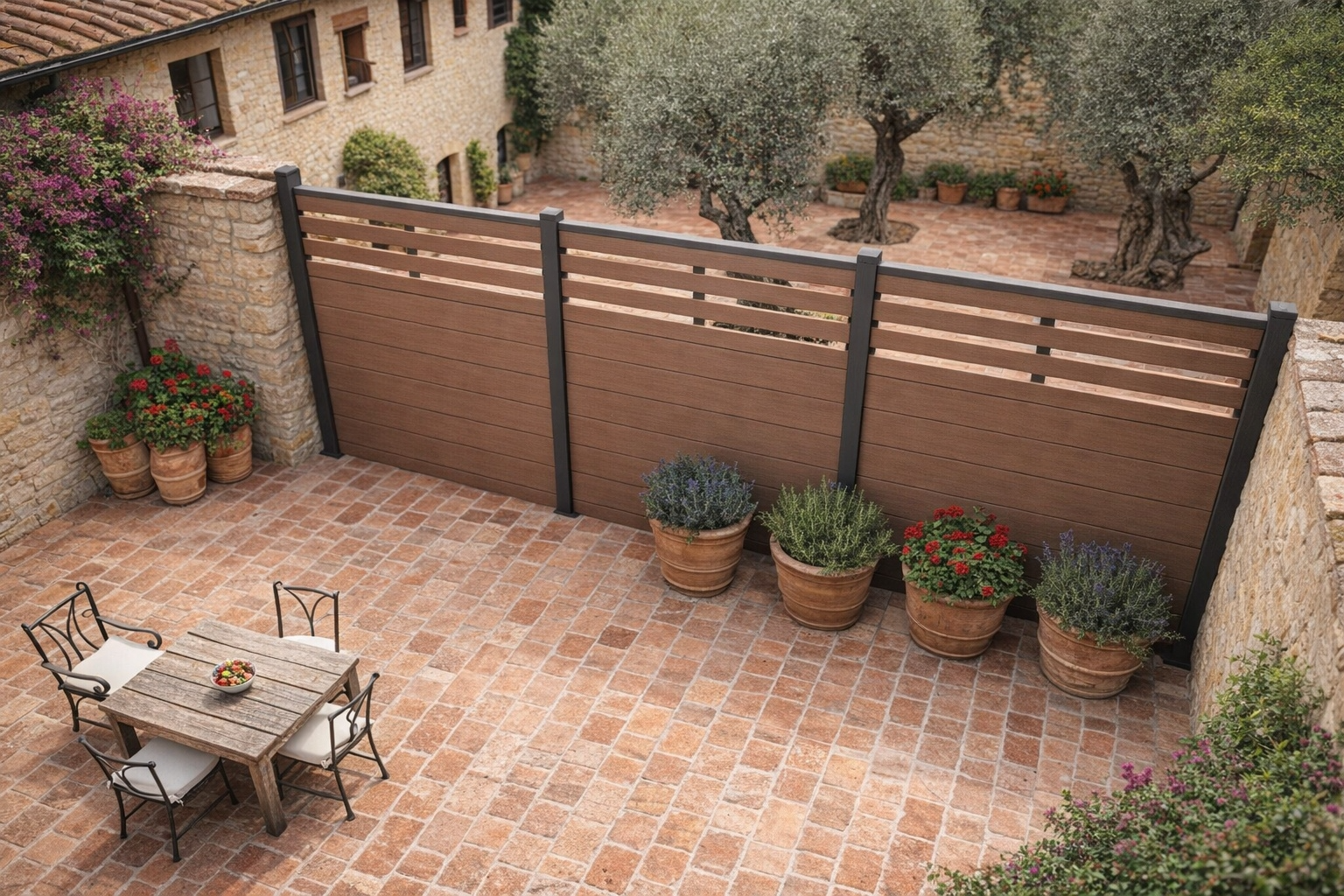 Walnut WPC half trellis fencing commercial landscaping USA, co-extrusion composite fence panels hotel resort hospitality
