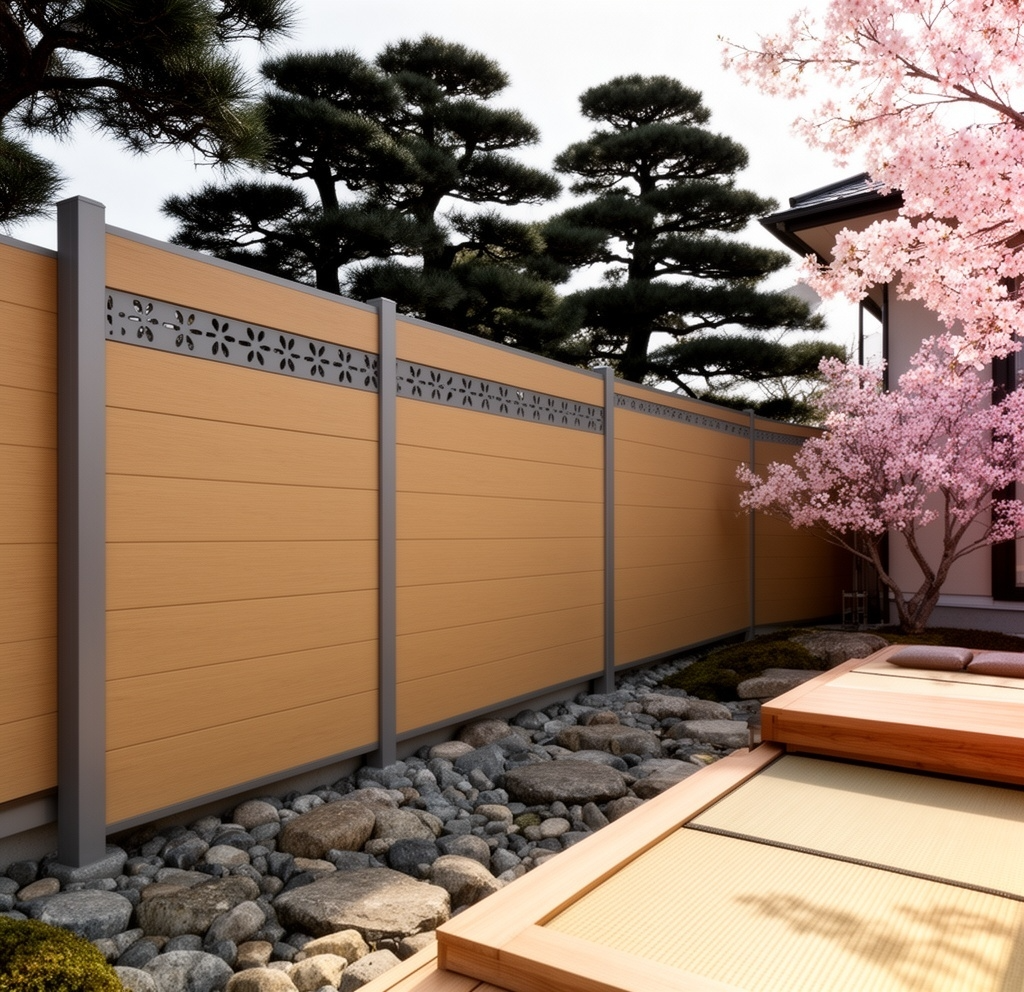 WPC decorative panel fencing commercial landscaping, composite carved fence hospitality hotel courtyard boundary