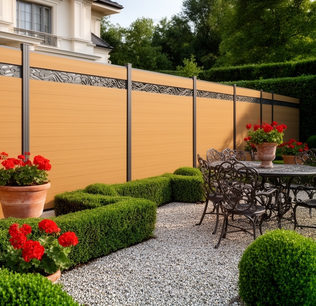 WPC decorative panel fencing fire rated composite carved fence, Class B NFPA 285 certified outdoor boundary panels