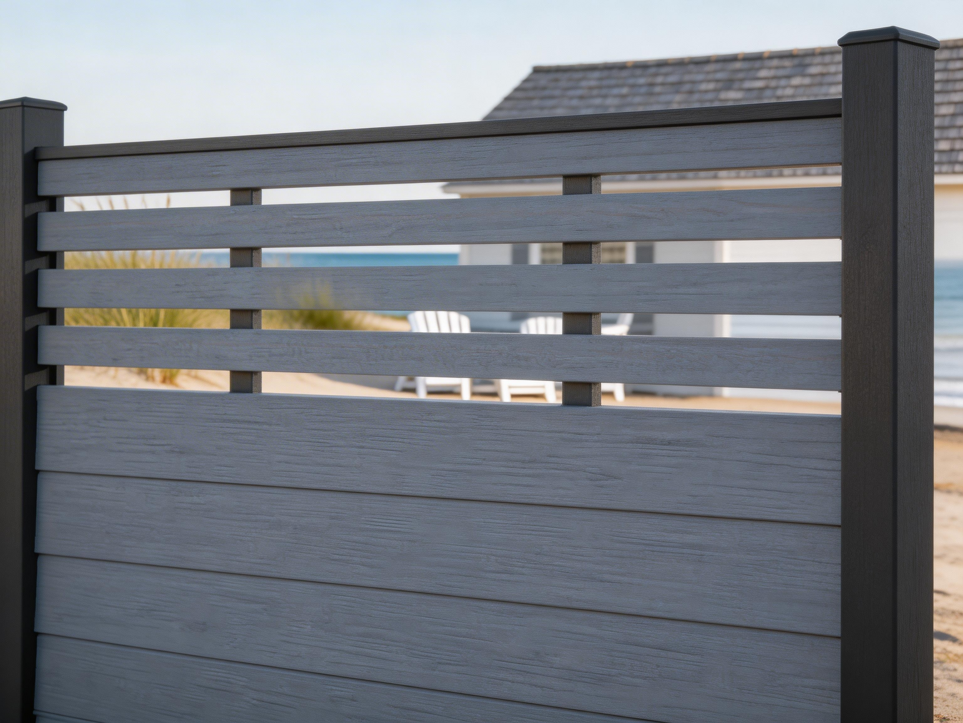 Eco-friendly light grey WPC half trellis fencing Australia, recycled wood fibre HDPE composite fence panels sustainable