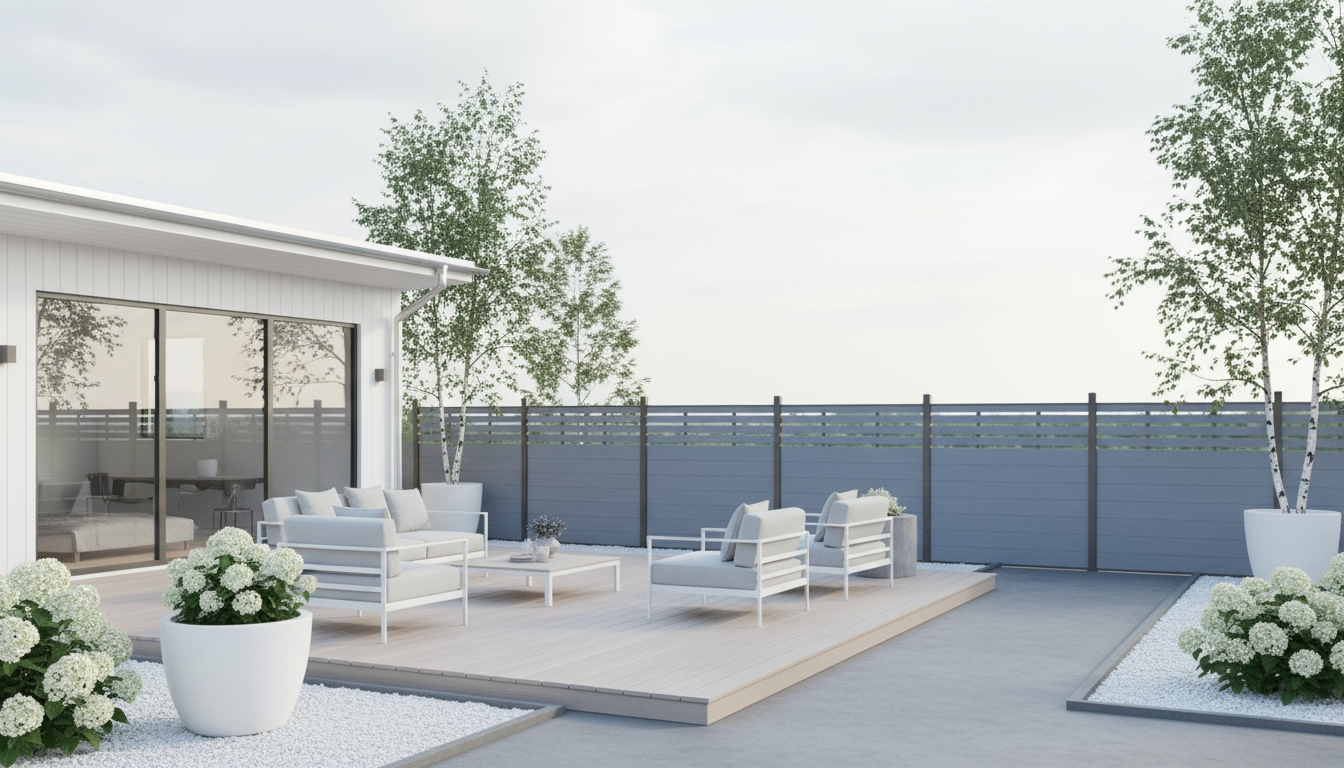 Light grey half trellis composite fencing pool surround Sydney Australia, semi-privacy WPC panels airflow coastal garden