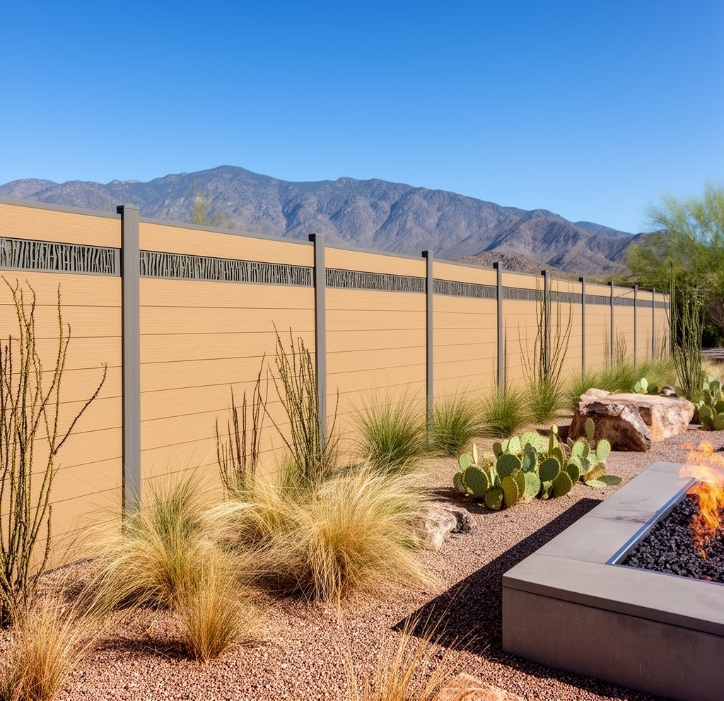 WPC decorative panel fence shadow cast pattern, composite carved fencing dynamic light effect shifts throughout day