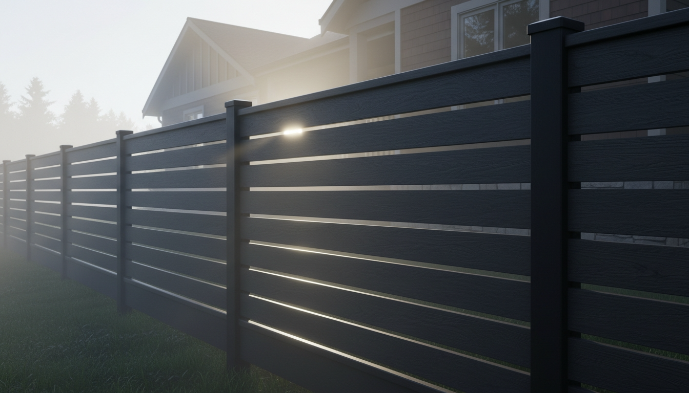 
Black full trellis WPC fence panels architectural shadow line effect UK garden, co-extrusion composite open boundary fencing