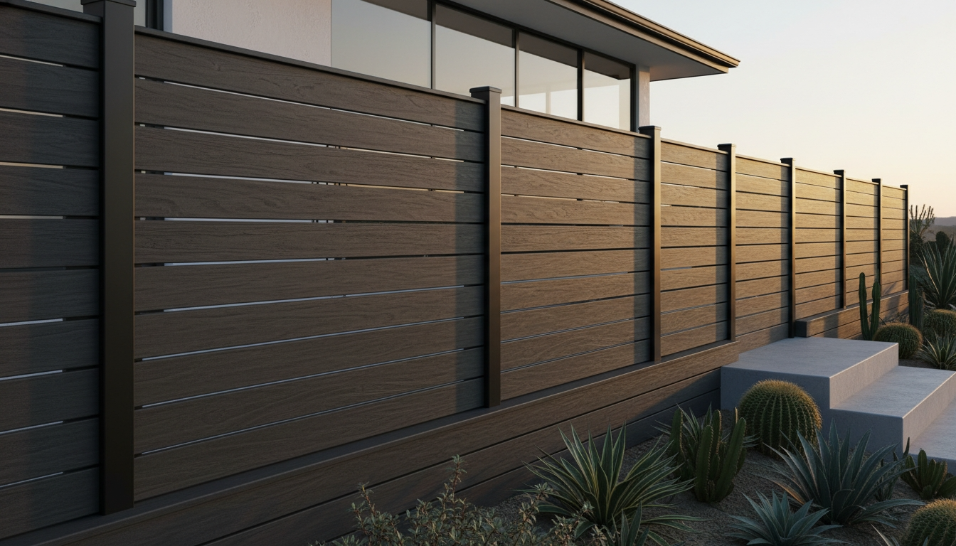 Black WPC full trellis fencing rooftop garden London, open composite fence panels wind resistant urban outdoor space