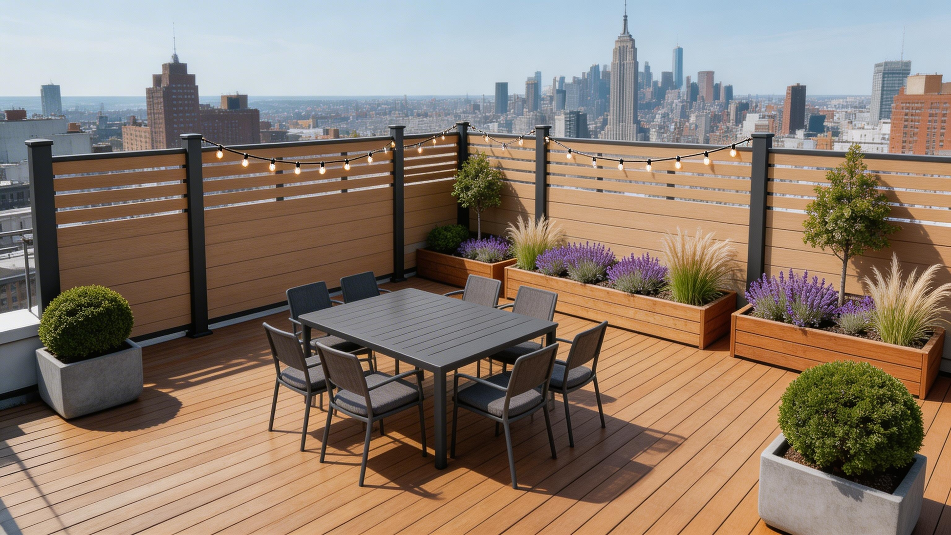 Teak half trellis composite fencing luxury villa garden Dubai UAE, WPC semi-privacy fence pool enclosure warm wood grain