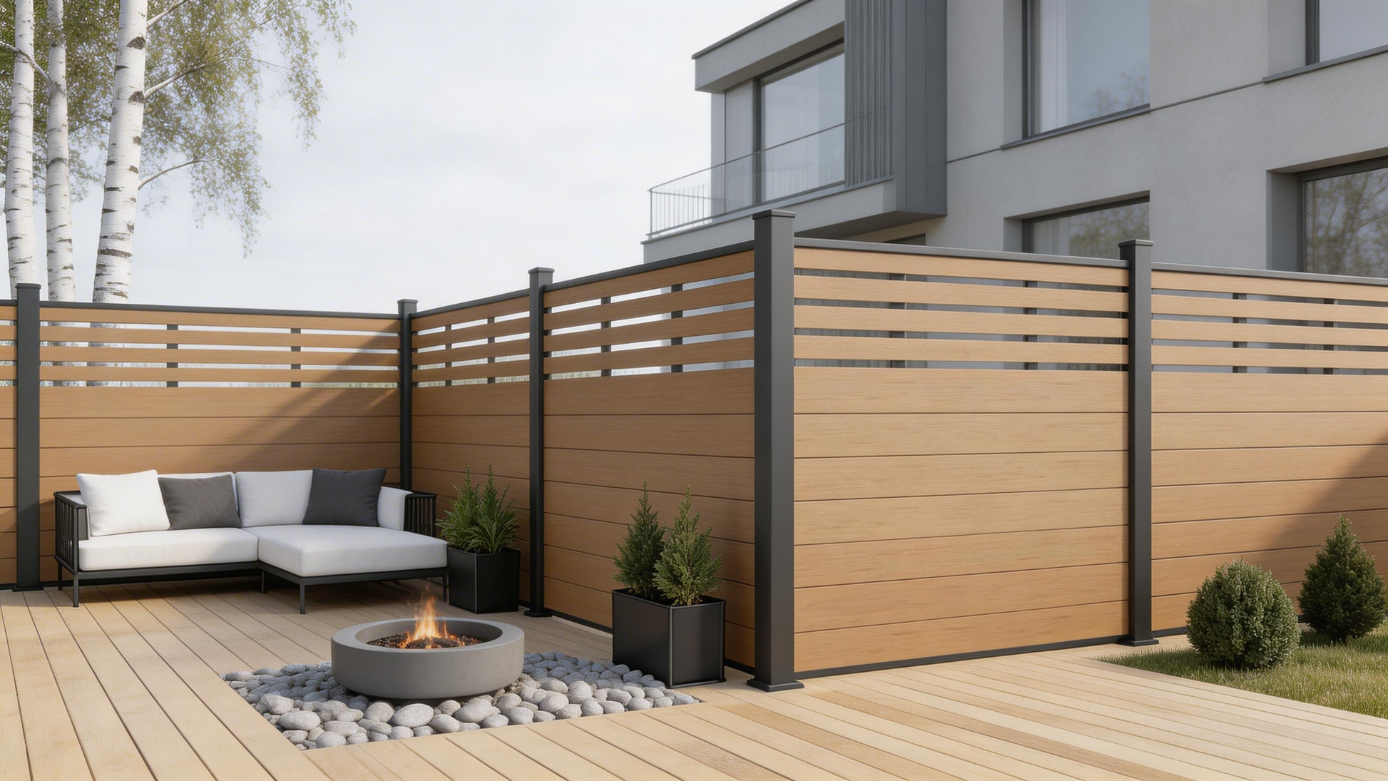 Blue grey half trellis WPC fencing climbing plants Europe, open upper section supports roses jasmine composite panels