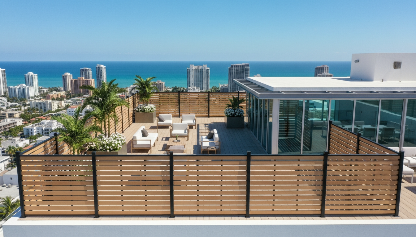 Teak full trellis WPC fencing luxury hotel garden Dubai, co-extrusion open composite fence panels hospitality landscaping UAE