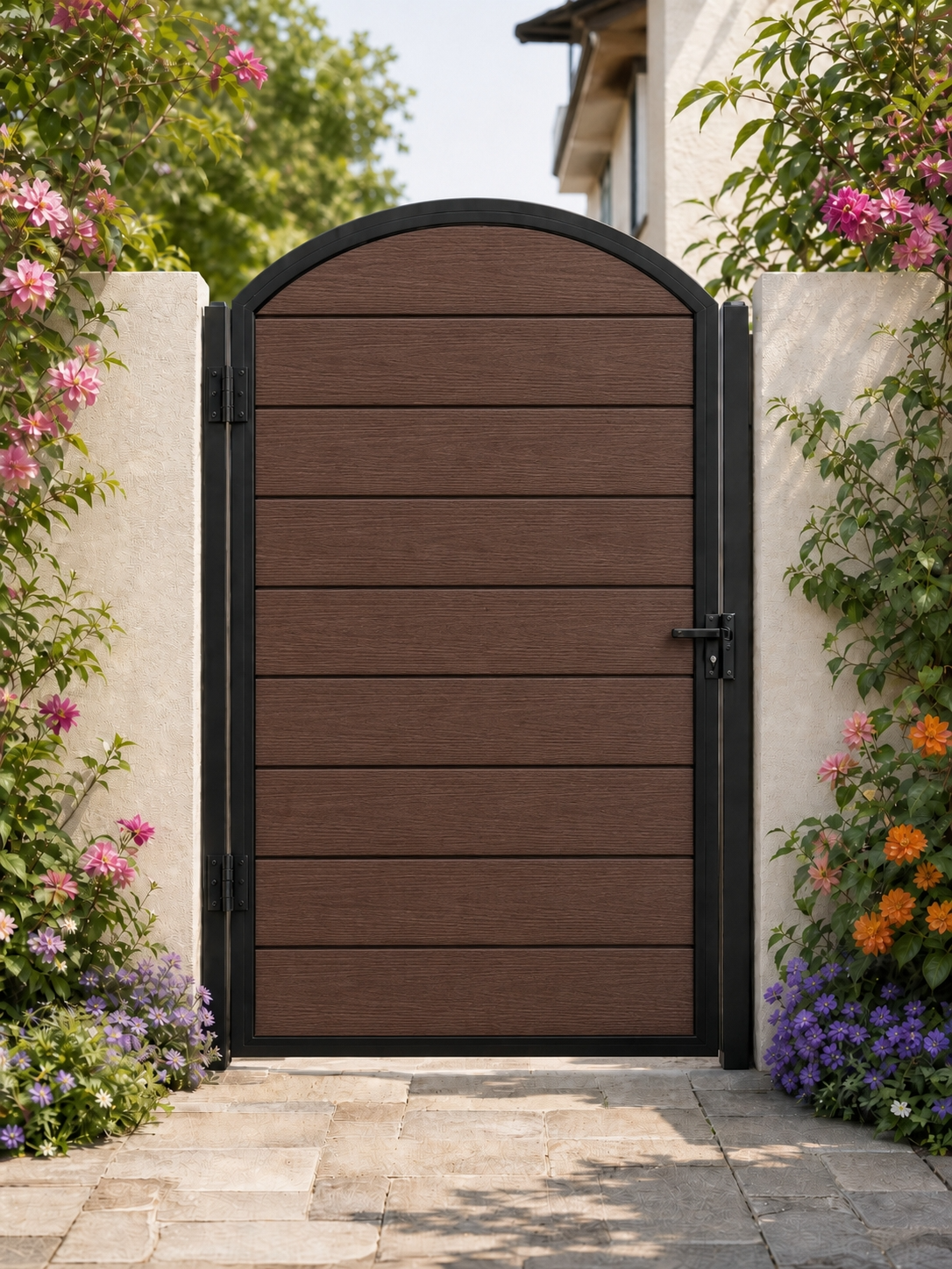 Walnut arched composite fence gate, full-privacy horizontal WPC slats in rich deep brown, black aluminium frame