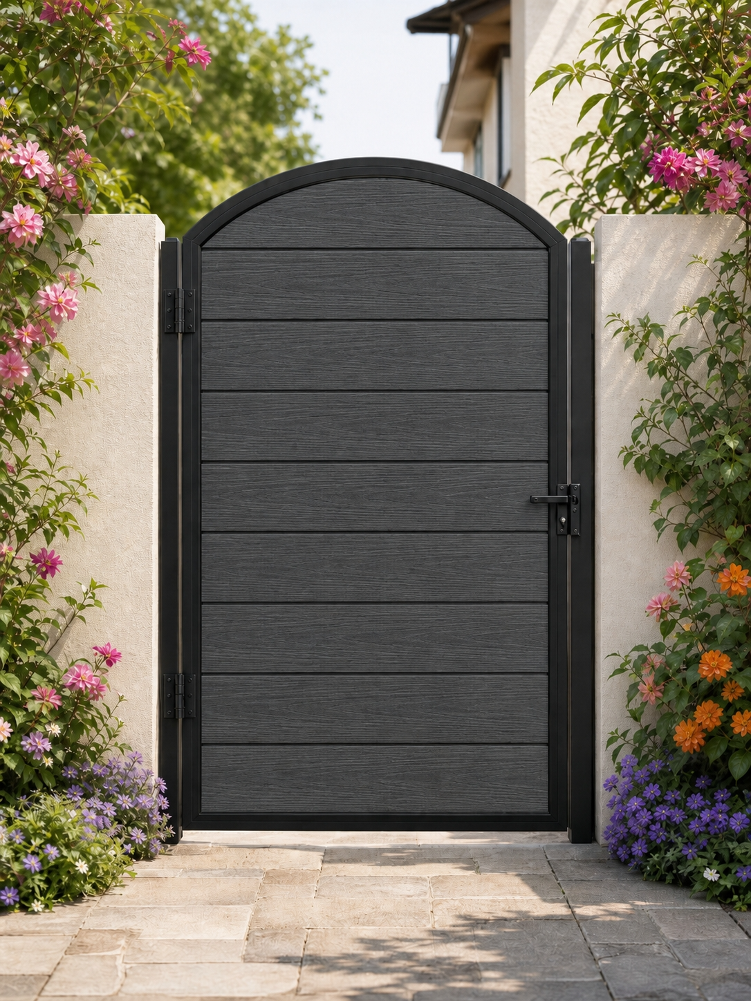 Dark grey arched composite garden gate, full-privacy horizontal WPC slats, sleek anthracite finish, aluminium frame