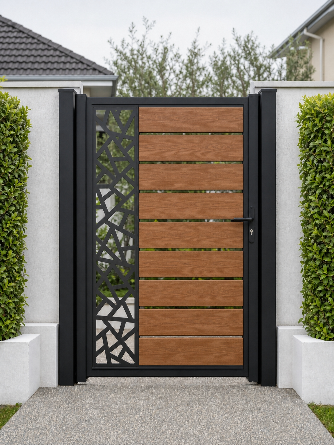 Teak decorative composite garden gate with horizontal WPC slats and laser-cut metal side screen, warm golden wood