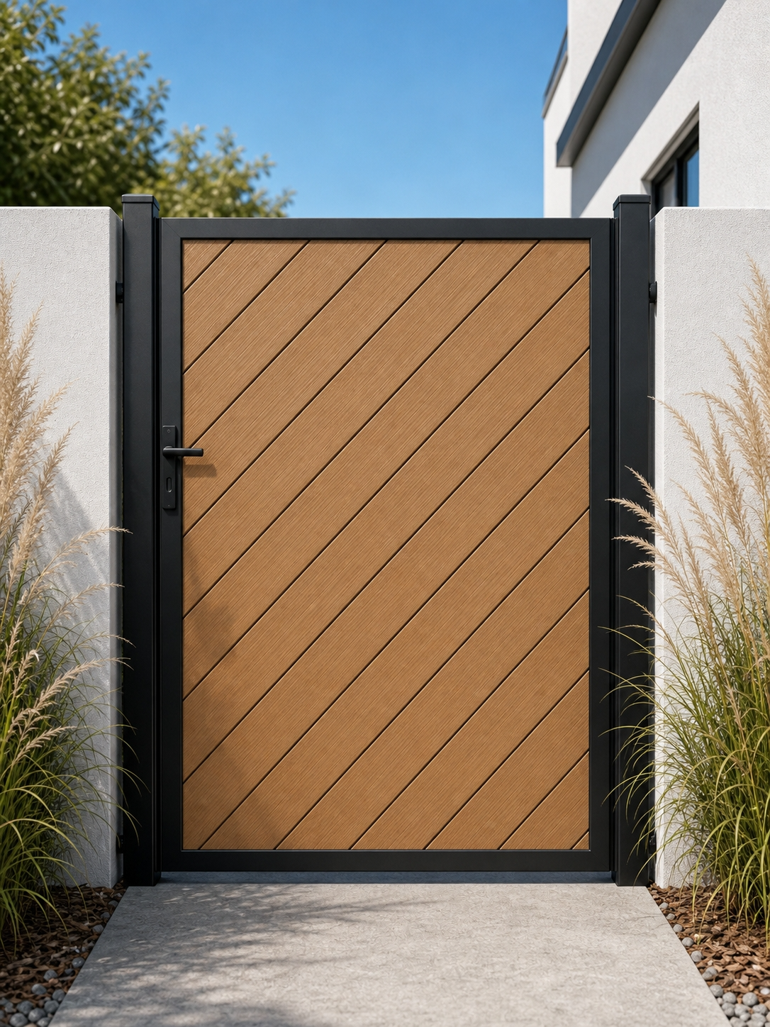 Teak modern composite garden gate with full-privacy diagonal WPC slats, warm honey wood grain, aluminium frame 