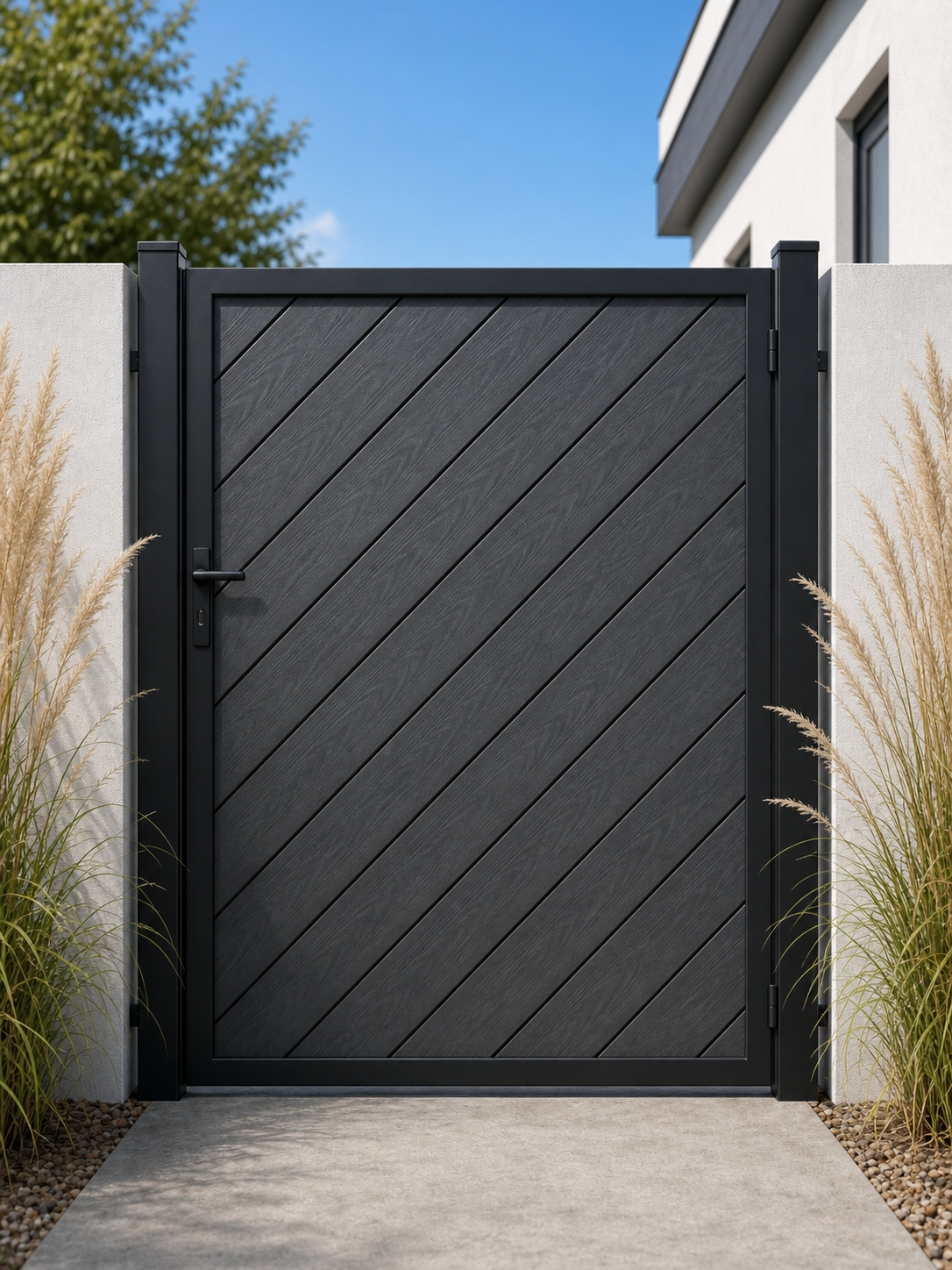 Dark grey modern composite garden gate with diagonal WPC slats, sleek anthracite finish, aluminium frame