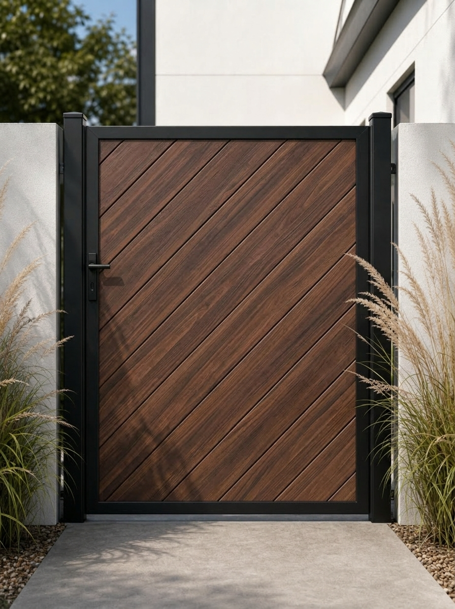 Walnut composite fence gate, diagonal WPC slat pattern in rich deep brown wood grain, black aluminium frame