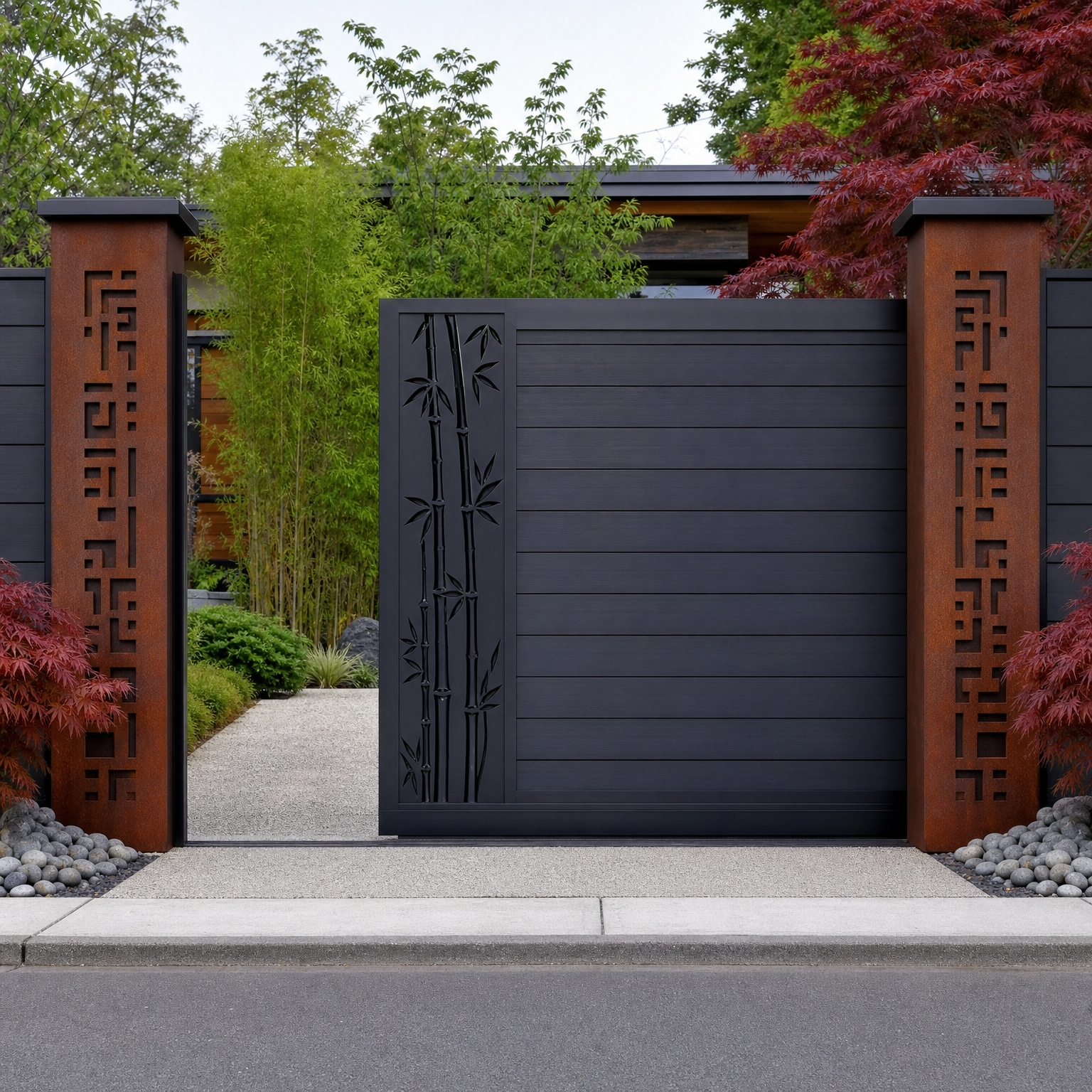 Dark grey motorised sliding gate with horizontal WPC slats, bamboo laser-cut side panel and matching pedestrian gate, anthracite