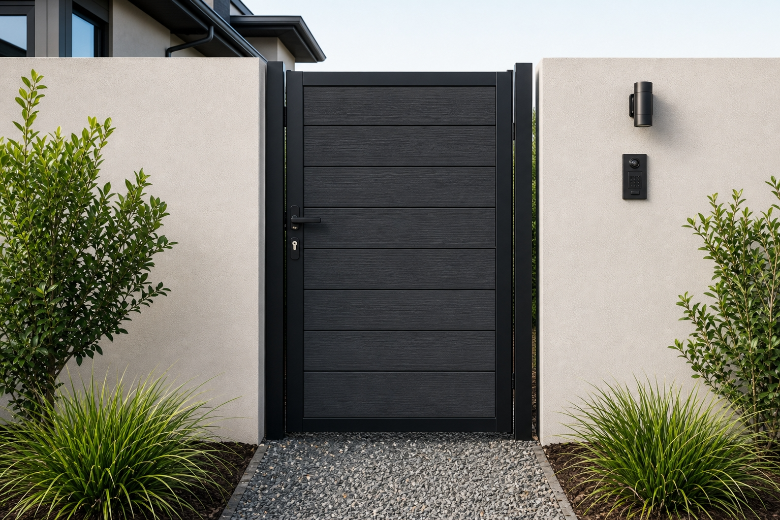 Dark grey WPC composite pedestrian gate, full-privacy horizontal slats, sleek modern anthracite finish, black frame