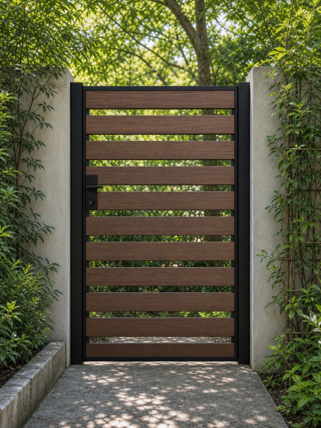 Walnut composite fence gate, spaced horizontal WPC slats with semi-privacy gaps, rich brown wood grain, aluminium frame