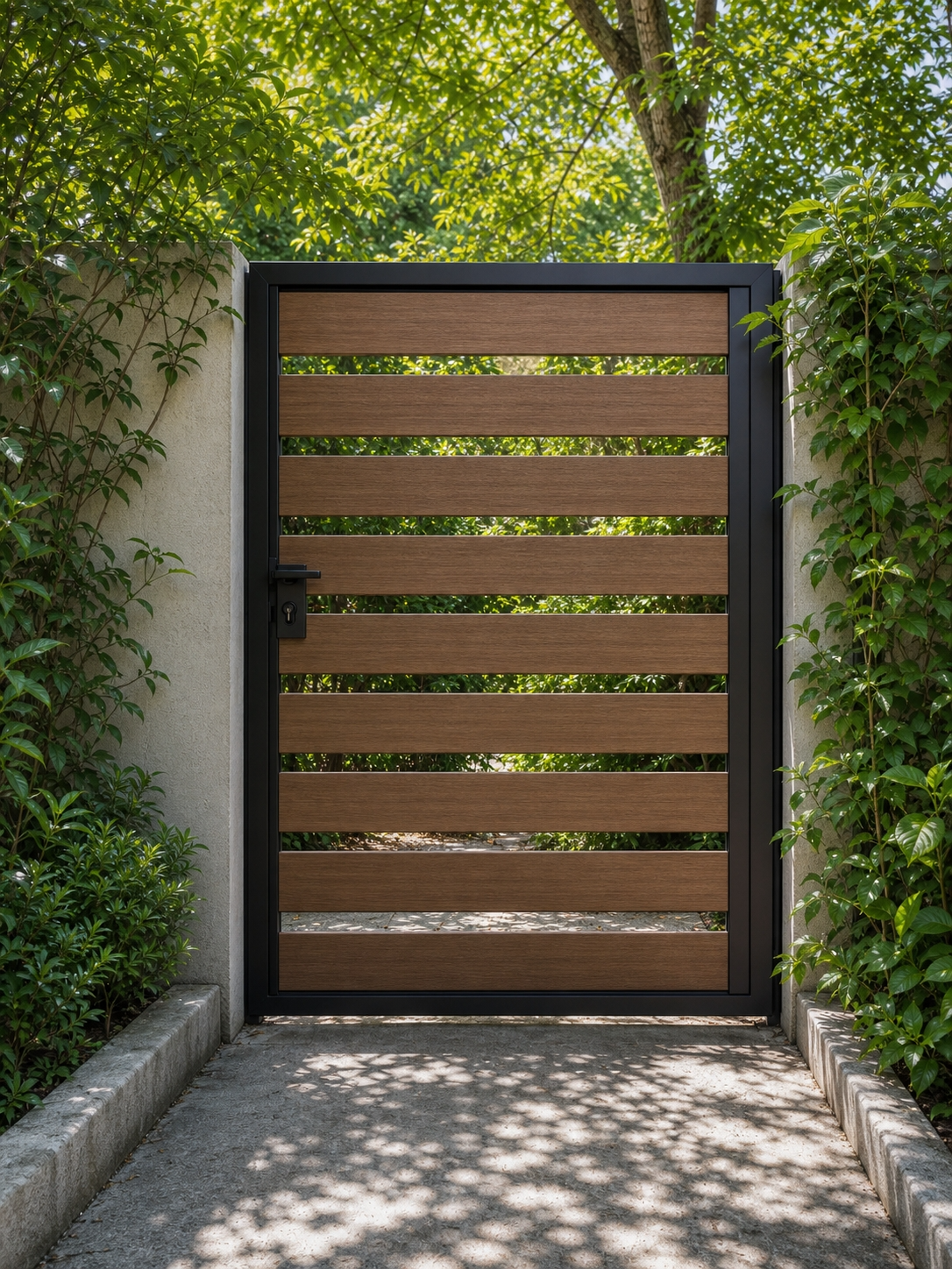 Teak composite garden gate with spaced horizontal WPC slats for semi-privacy, warm honey wood grain, aluminium frame 