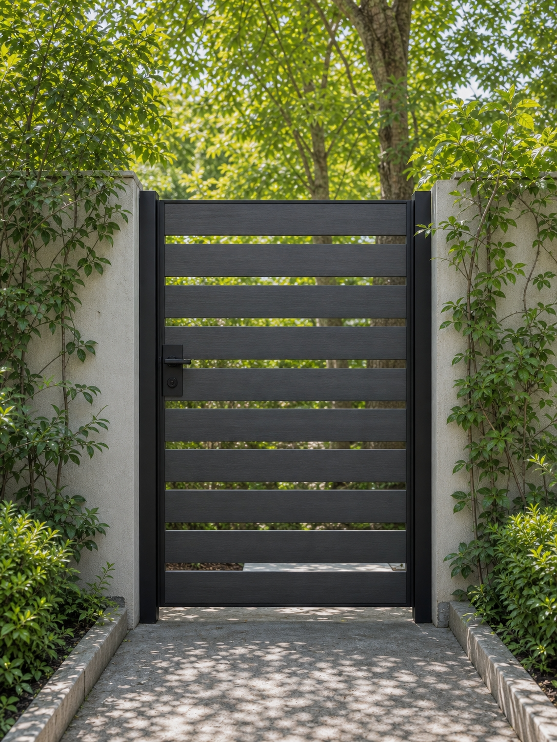 Dark grey composite garden gate with spaced semi-privacy WPC slats, cool modern anthracite finish, aluminium frame