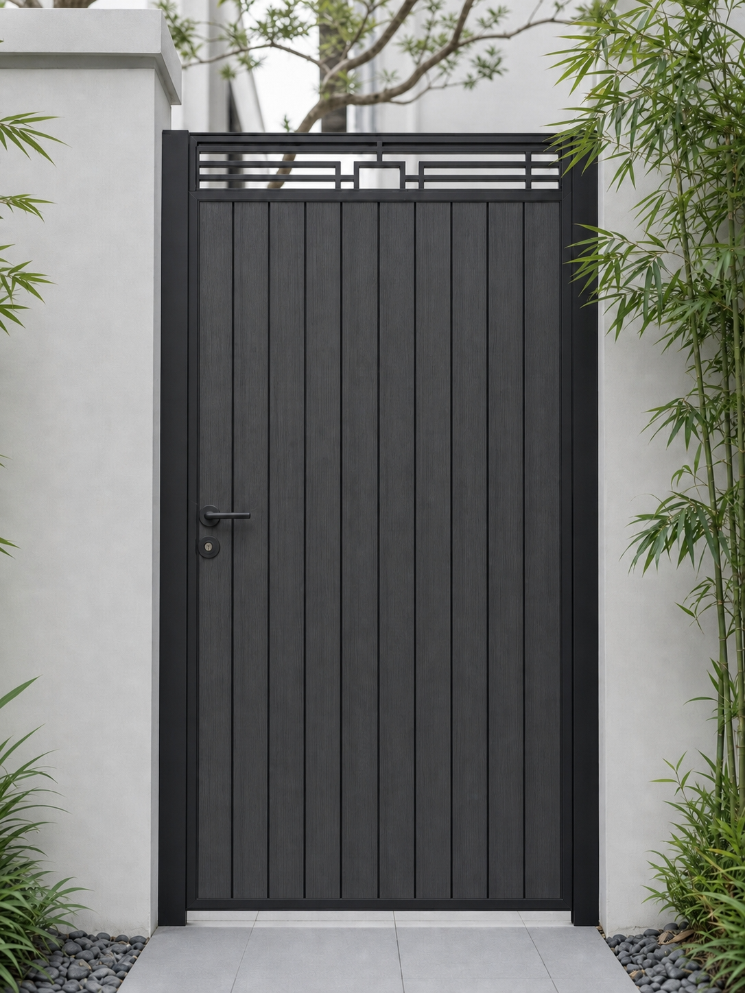 Dark grey vertical composite garden gate with WPC boards and lattice top, sleek anthracite finish, aluminium frame