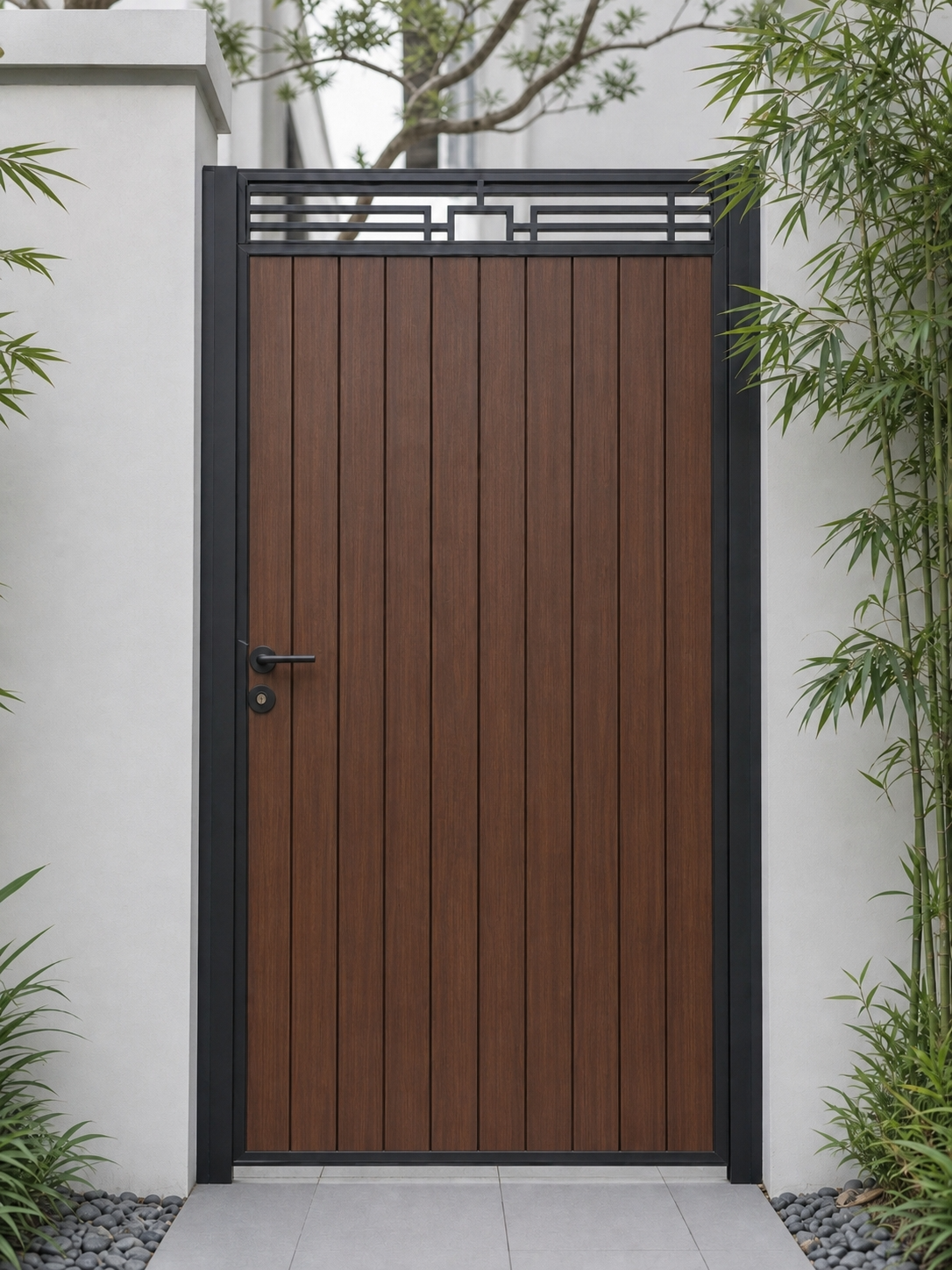Walnut vertical composite fence gate, WPC boards with geometric lattice top, rich deep brown grain, aluminium frame