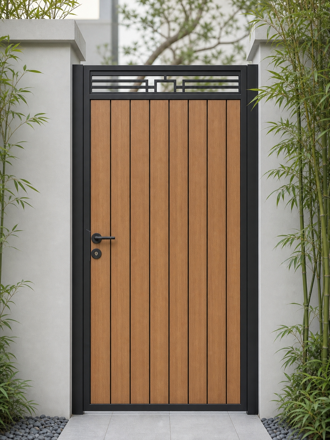 Teak vertical composite garden gate with WPC boards and decorative lattice top, warm honey wood grain, aluminium frame 