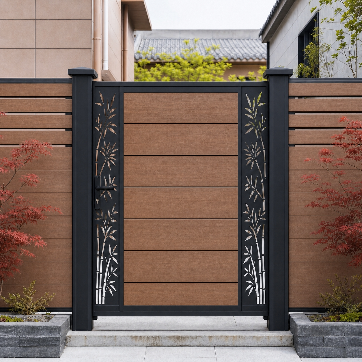 Teak composite privacy gate with horizontal WPC slats and bamboo laser-cut side panels, warm golden wood, aluminium frame