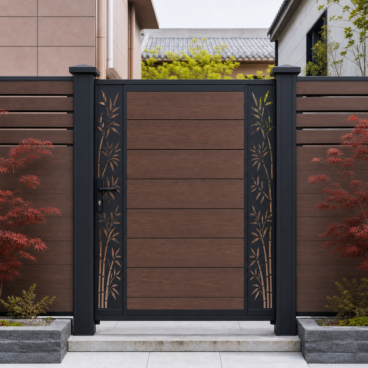 Walnut composite fence gate, horizontal WPC slats with bamboo laser-cut side screens, rich deep brown wood grain