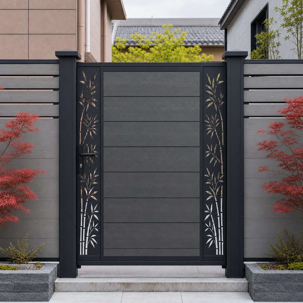 Dark grey composite privacy gate with WPC slats and bamboo laser-cut panels, sleek anthracite finish, aluminium frame