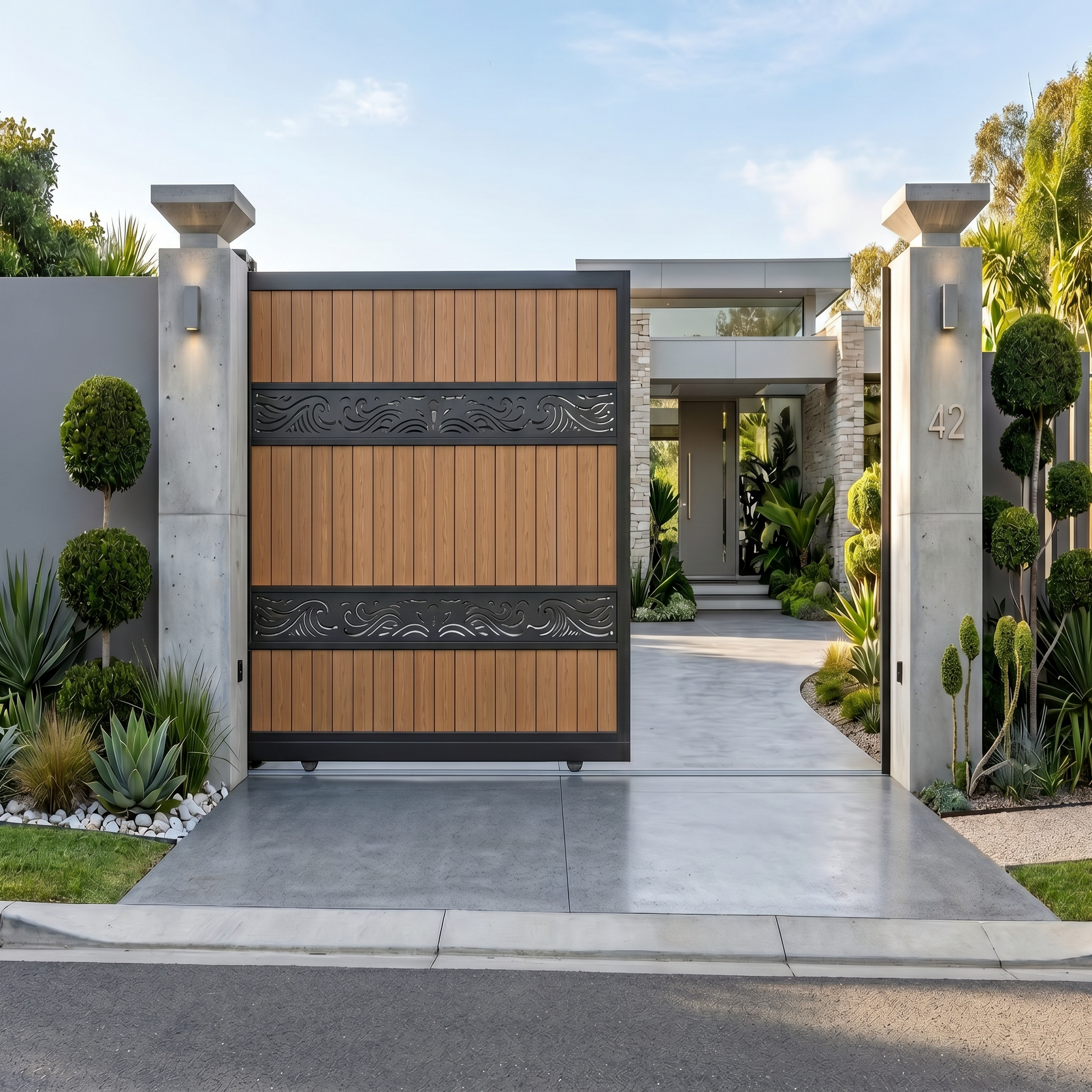 Teak composite sliding gate, vertical WPC boards with scroll bands, automatic-ready, warm golden wood, aluminium frame