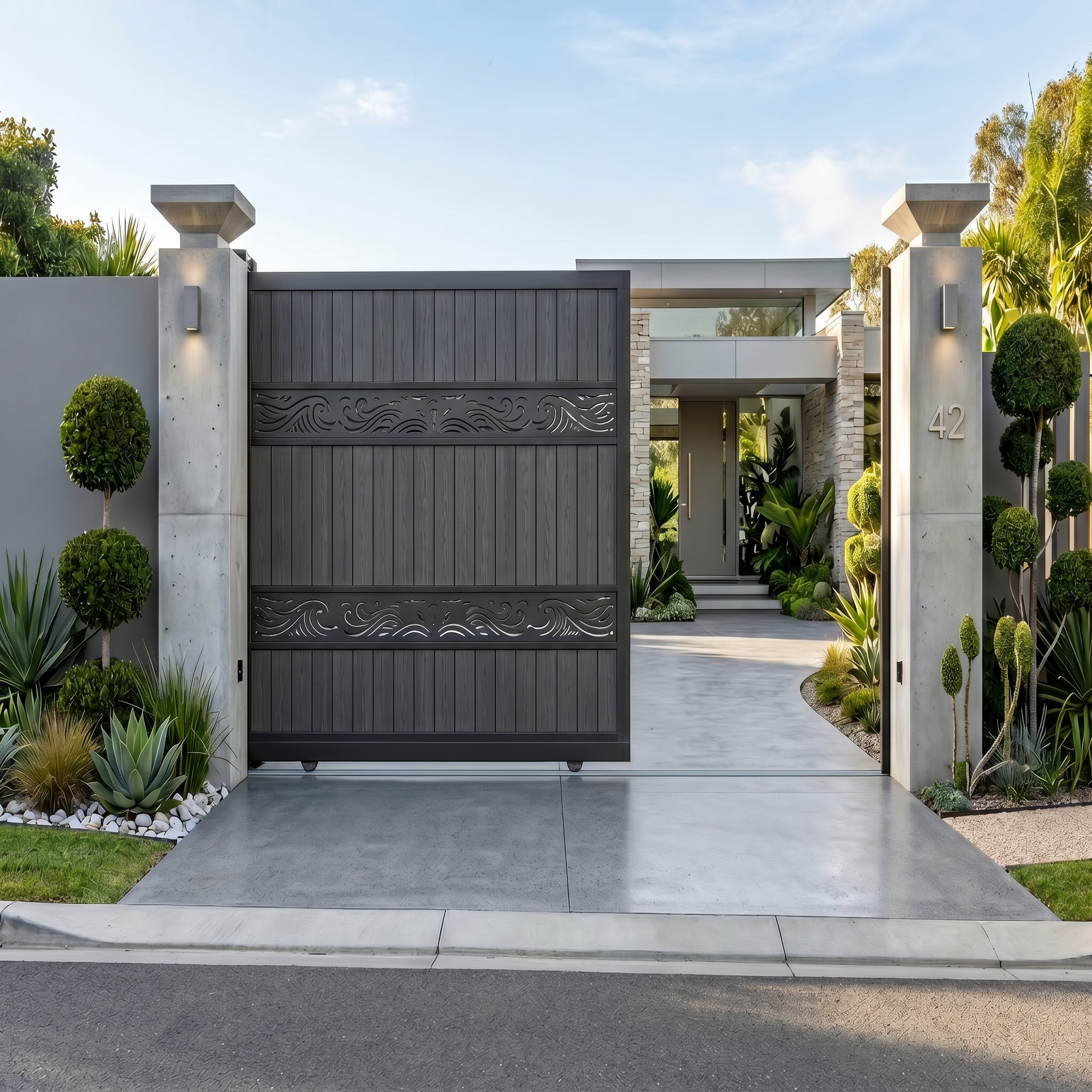 Dark grey composite sliding gate, vertical WPC boards with scroll bands, sleek anthracite finish, automatic-ready driveway gate