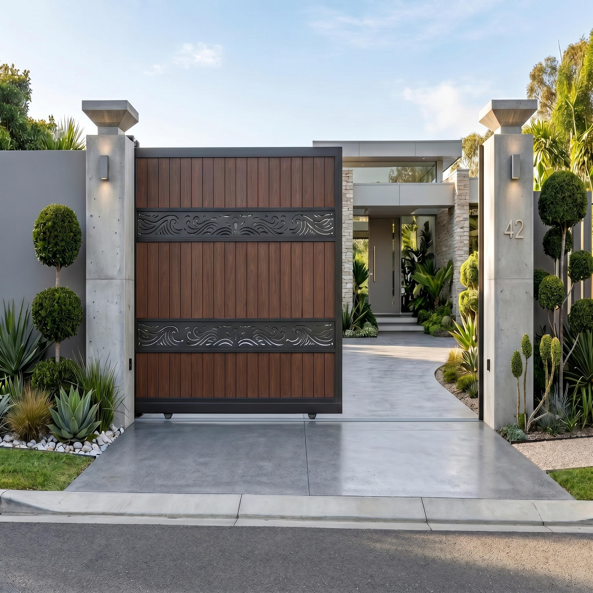 Walnut composite sliding gate, vertical WPC boards with decorative scroll bands, rich deep brown, automatic-ready driveway gate