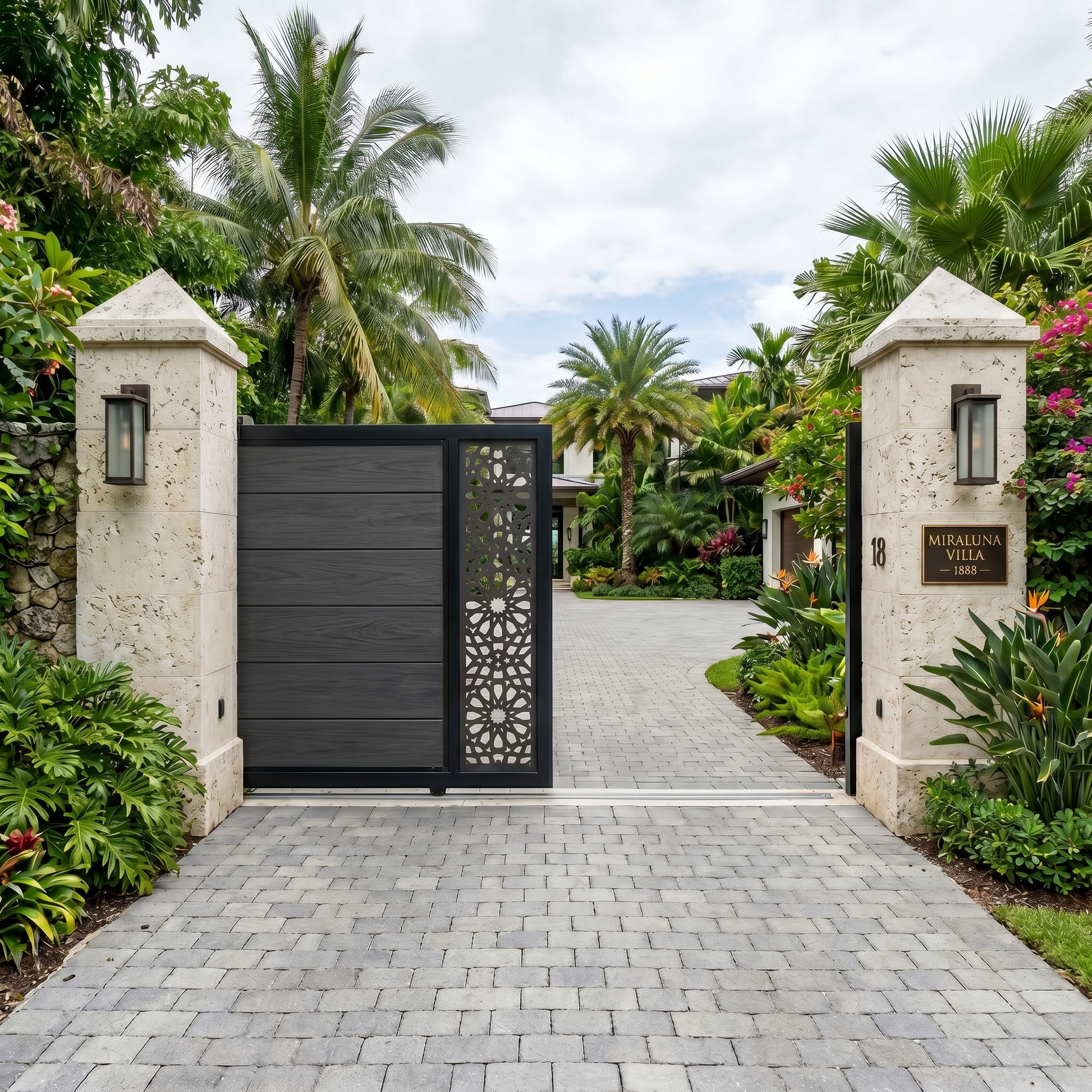 Dark grey automatic composite sliding gate with horizontal WPC slats and geometric laser-cut side panel, anthracite finish