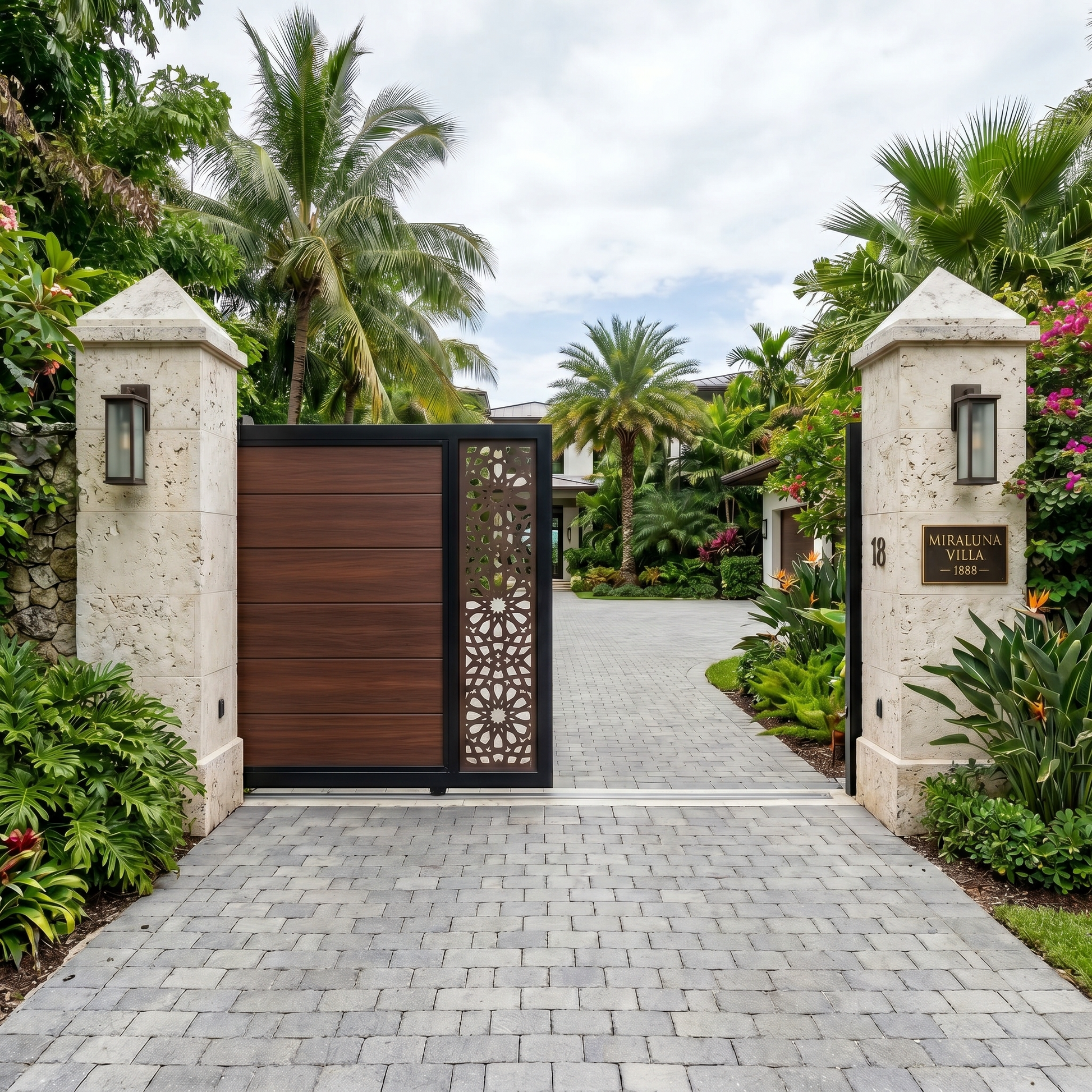 Walnut automatic composite sliding gate, horizontal WPC slats with geometric side screen, rich deep brown, aluminium frame