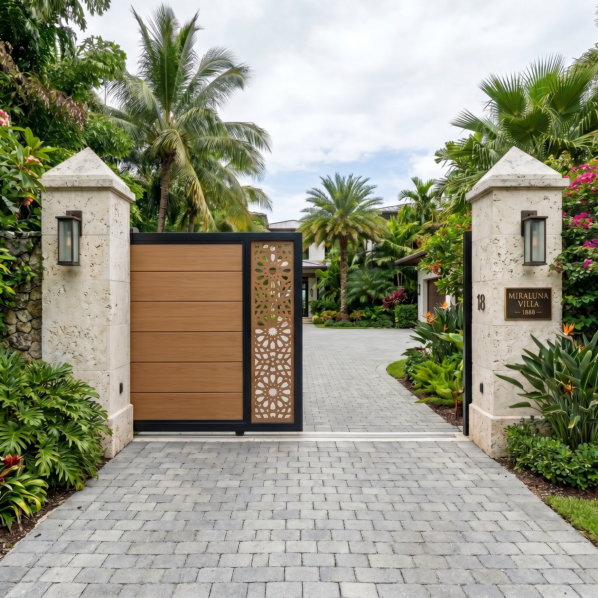 Teak automatic composite sliding gate with horizontal WPC slats and a geometric laser-cut side panel, warm golden wood