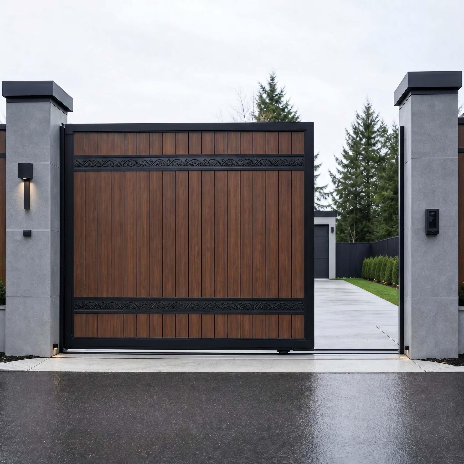 Walnut electric sliding driveway gate, vertical WPC boards with scroll detailing, rich deep brown, motorised gate