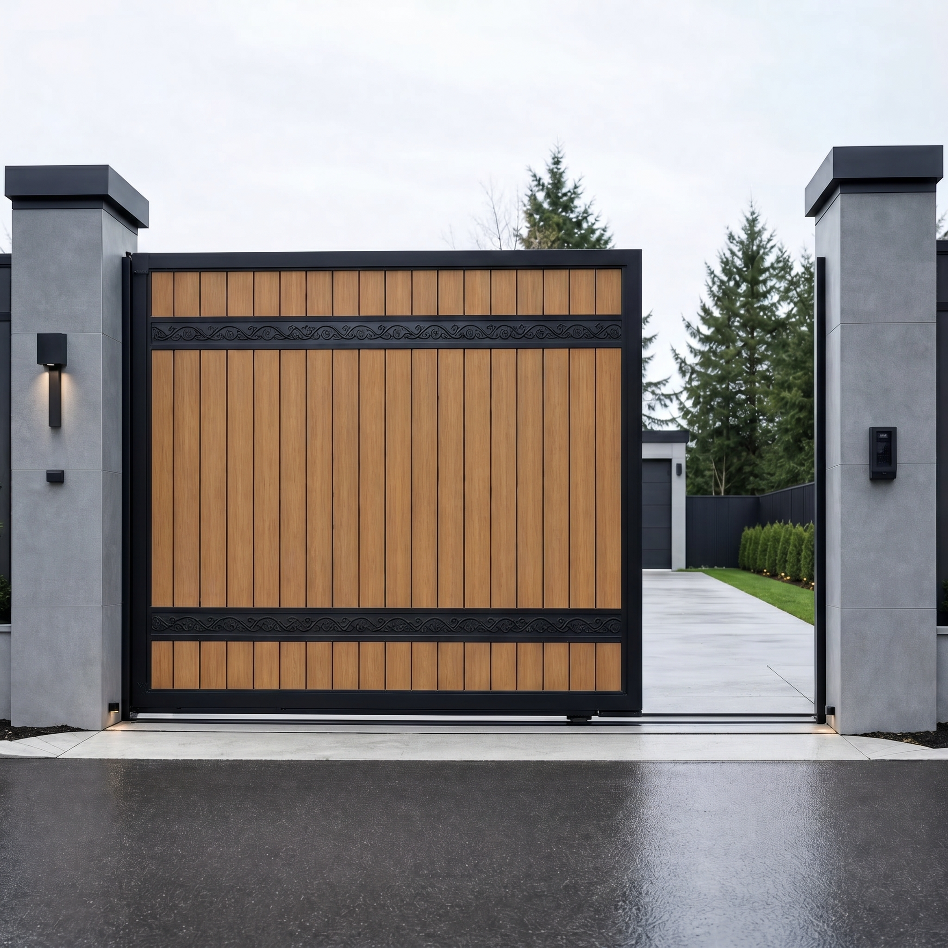 Teak electric sliding driveway gate with vertical WPC boards and decorative scroll bands, warm golden wood, aluminium frame