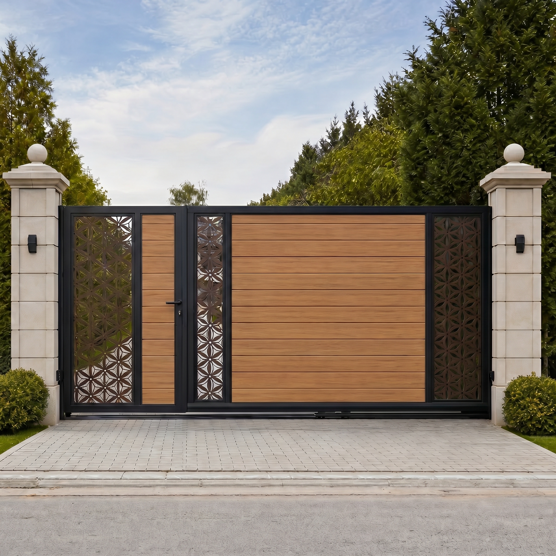 Teak sliding driveway gate with horizontal WPC slats, floral laser-cut side screens and pedestrian access, warm golden wood