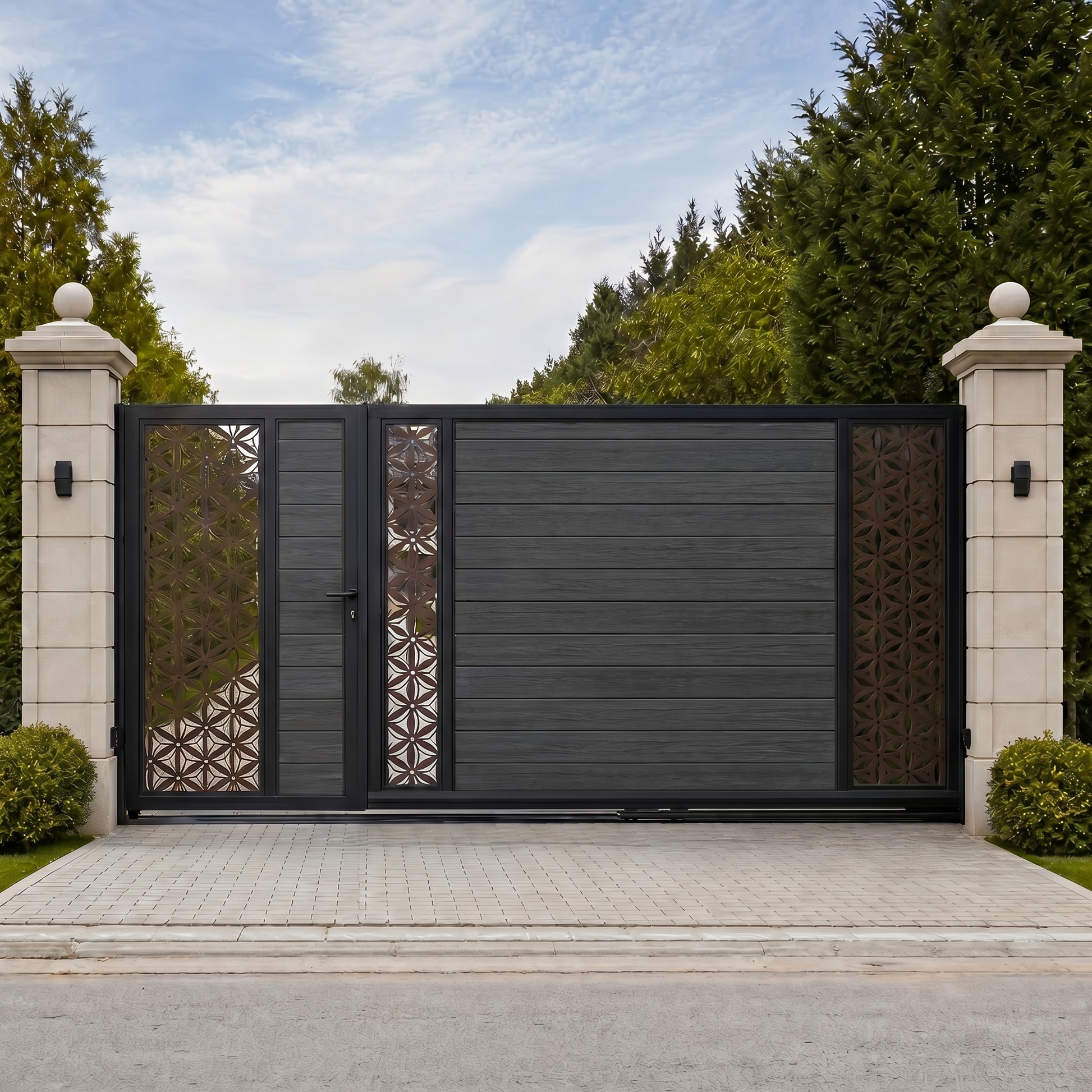 Dark grey sliding driveway gate with horizontal WPC slats, floral laser-cut side screens, pedestrian access, anthracite