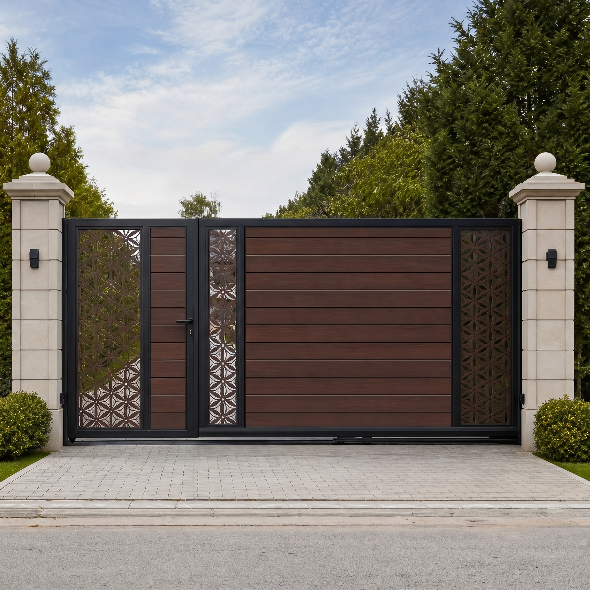 Walnut sliding driveway gate, horizontal WPC slats with floral side screens and pedestrian gate, rich deep brown