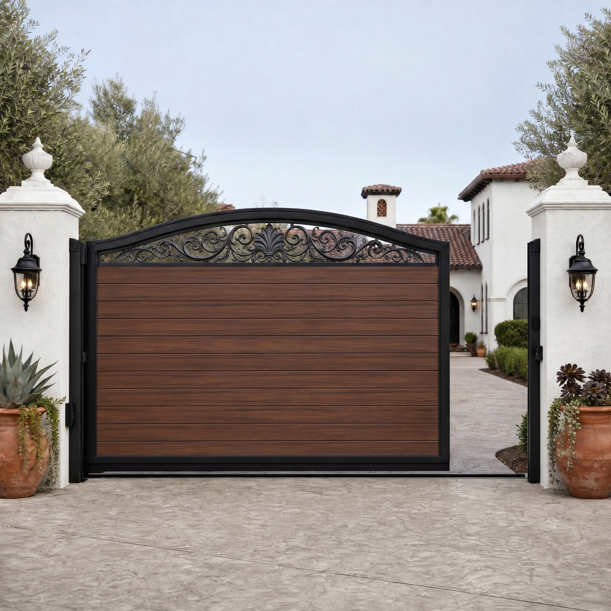 Walnut automatic sliding driveway gate, horizontal WPC slats with arched scroll top, rich deep brown, motorised gate