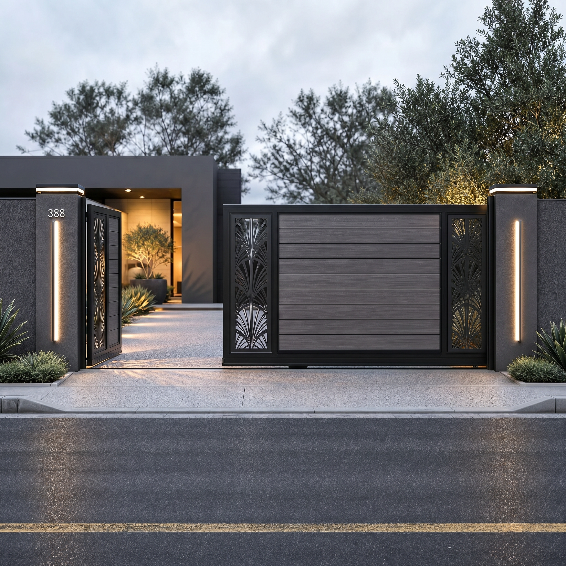 Dark grey electric sliding gate with horizontal WPC slats and Art Deco palm side panels, sleek anthracite, motorised