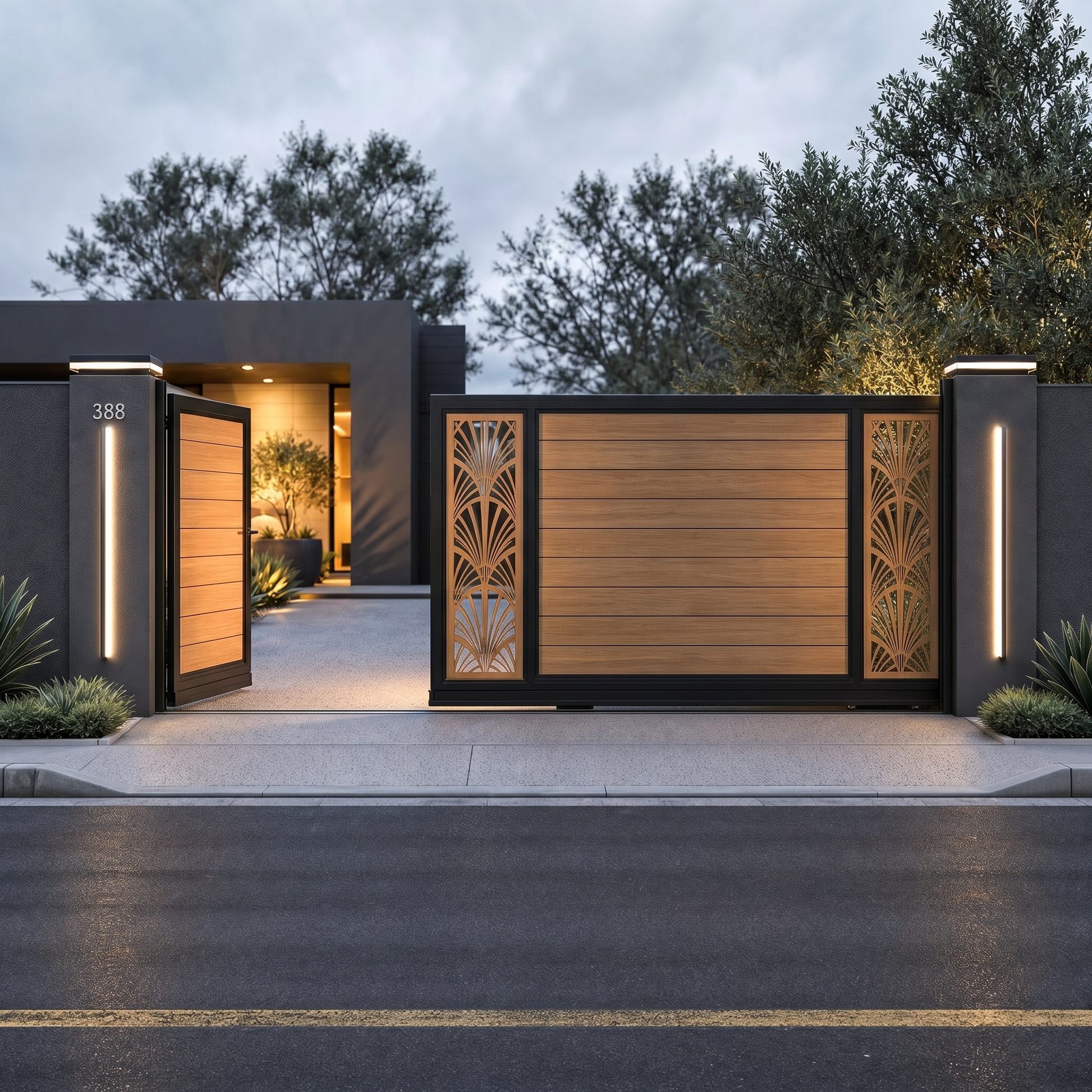 Teak electric sliding gate with horizontal WPC slats and Art Deco palm laser-cut side panels, warm golden wood, motorised